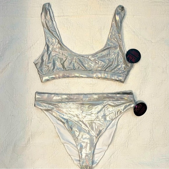 Holographic Silver High Cut Bikini Swimsuit Top Size Medium Bottom Size Large - Picture 1 of 9